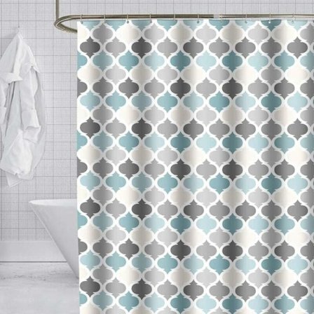 Vattentät mögelbeständig duschdraperi med krokar grå rand