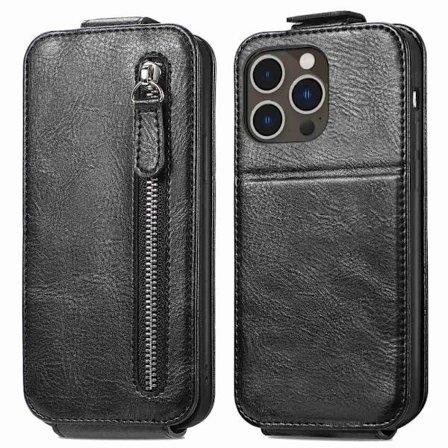 Lodret iPhone 14 Pro flip etui med lynlås - Sort