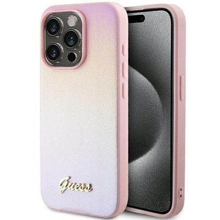 Guess Saffiano Iridescent Script-etui for iPhone 14 Pro Max - rosa