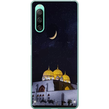 Yhteensopiva Puhelinkuori Sony Xperia 10 IV Tähtikirkas yö kultaisine kupoleineen ja puolikuun yllä valaistun moskeijan yllä