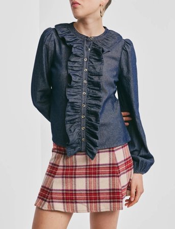 by Ti Mo Denim Flounce Blouse - Blue - L