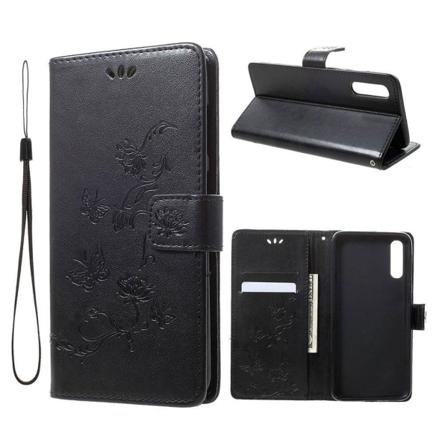 Samsung Galaxy A70 sommerfugleprint på lædercover - sort Black