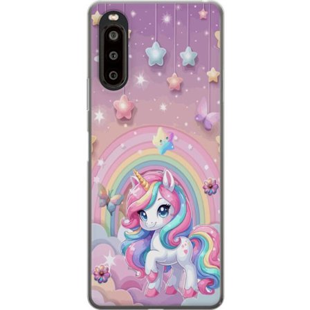 Yhteensopiva Puhelinkuori Sony Xperia 10 II Maaginen yksisarvinen, jolla on sateenkaarimane, tähtiä ja perhosia vasten pastellinväristä taivasta, joss