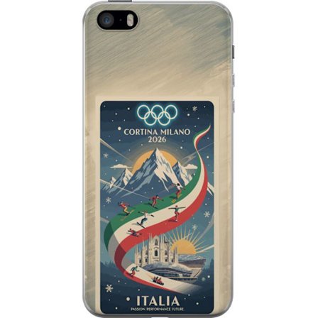 Yhteensopiva Puhelinkuori Apple iPhone 5s Mäkihyppykuvitus, jossa hiihtäjä tähtää kiväärillä lumisella radalla, teksti Milano Cortina 2026 ja olympial