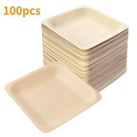 100 stk. Firkantede Engangs Trætallerkener Fest Bryllup