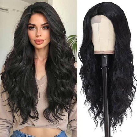Long Black Wavy Wig for Women Natural Synthetic Wig Middle Part for Daily & Party Use