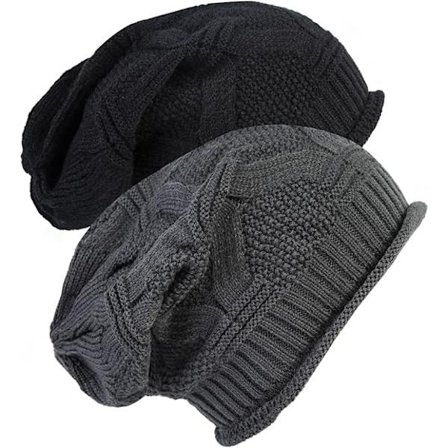 Mode 2-pack - Svart & mörkgrå slouchy mössa för damer, vinterstickad