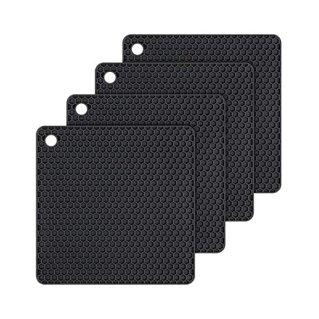 4 stk. Silikon Grydeunderlag Grydeholdere Til Køkken Opvaskemaskine Sikker Varmebestandig Sort Kvadrat