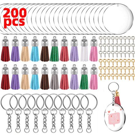 200 stk. gjennomsiktige runde nøkkelring-skiver i akryl med akryl C