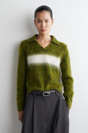 COS Women's Striped Mohair-Blend Polo Jumper in Green