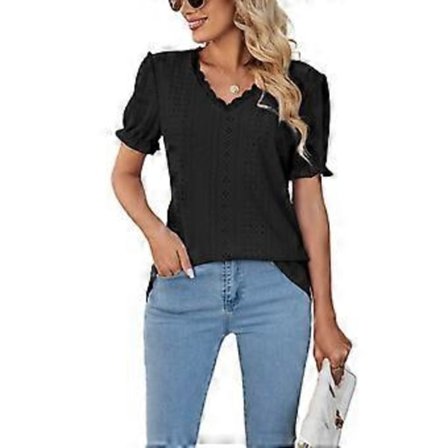 Kortermet skjorte, ensfarget blondeoverdel, biskopermer, hul strikket genser, elegant fritidsoverdel, svart XL (XL svart)