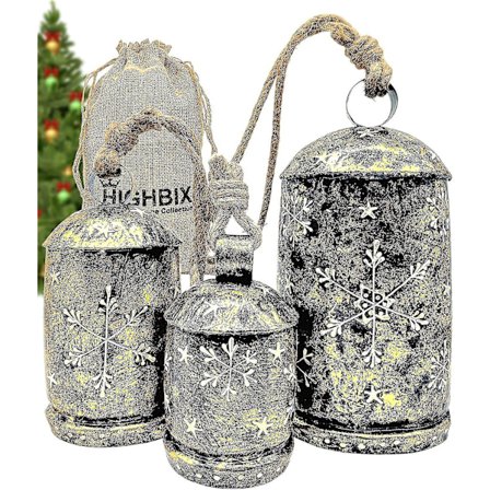 Sett med 3 store kubjeller, enorme vintage håndlagde rustikke lykkeklokker, julehengende XL-klokker på tau (FMY) håndmalt X-Large