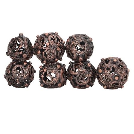 7 st Ihåliga Tärningar Set Koppar Bärbar Balanserad Rullande Graverad Metall Polyhedral Tärning Set För Brädspel Antik Koppar