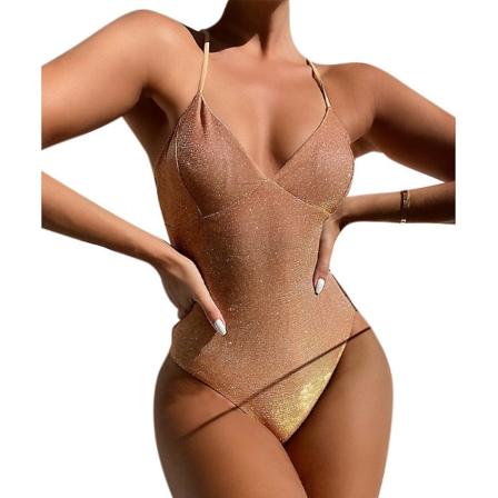 Naisten kimalteleva ja kiiltävä monokini-uimapuku, push-up-mallinen, yksivärinen uimapuku Gold XL