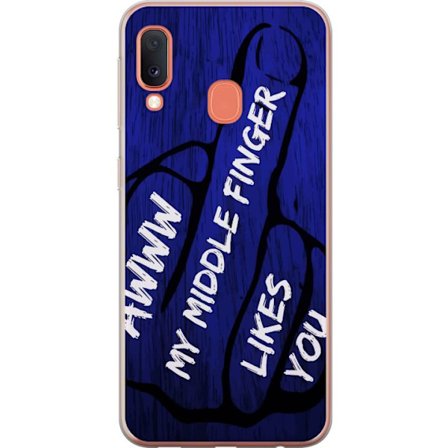 Kompatibelt Mobildeksel til Samsung Galaxy A20e Mørk typografisk illustrasjon med hjerteform og budskap om vennskap mot dyp blå tretekstur