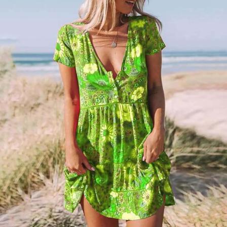 Kvinnor Plus Size Blommor Print Mini Klänning V-neck Kort Ärm Fol