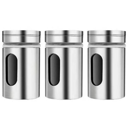 3 Krydderiglas med Drejelåg, Krydderiflaske i Rustfrit Stål, Krydderiglas Køkken Krydderisæt, Krydderiglas til Te, Salt og Peber/NC/