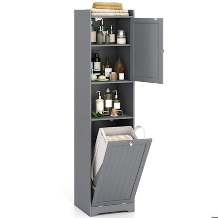 COSTWAY Badrumssäule med dörr, tvättväska och öppen hylla, justerbara hyllor, 40 x 40 x 170 cm, grå