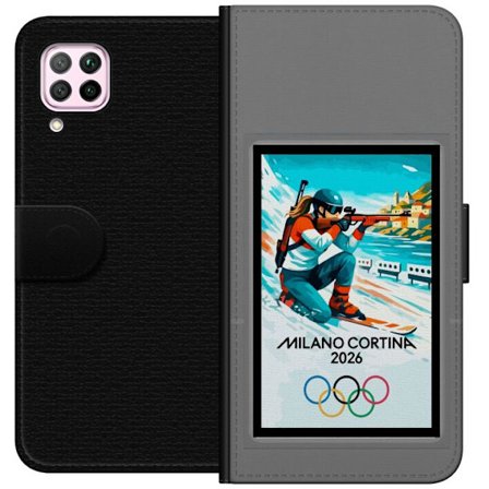 Kompatibelt Lommeboketui til Huawei P40 lite Retroplakat Cortina Milano 2026 med fjell, vintersportsutøvere, italienske trikolor, Milano-katedralen og