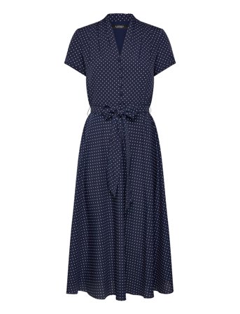 Lauren Ralph Lauren Polka-Dot Belted Crepe Dress - Navy - 36