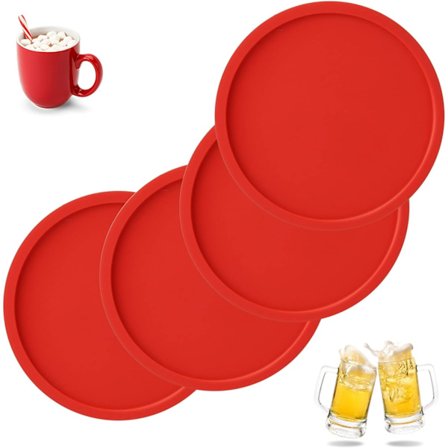 Sett med fire røde drikkebrikker, silikonbrikker, sklisikre