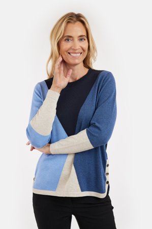 BRANDTEX - Langærmet Strik - Blå Mix - Knap Detalje