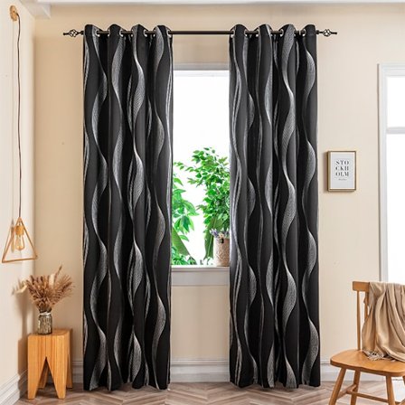 1 st mörkläggningsgardiner, vågiga ränder aluminiumfolie tryckta öljettgardiner, svart