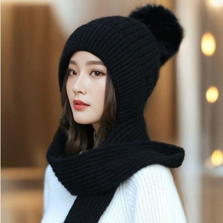 Fleece varm strikket lue lue skjerfsett SVART