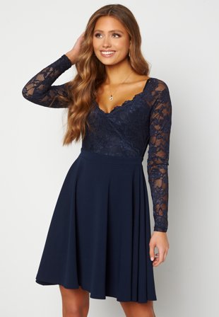 Goddiva Long Sleeve Lace Skater Dress Navy Klær