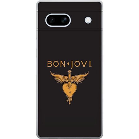 Kompatibelt Mobilskal till Google Pixel 7a Ikonisk musikillustration med bevingat hjärta och dolk i guldtoner på mörk bakgrund, kraftfull och symbo