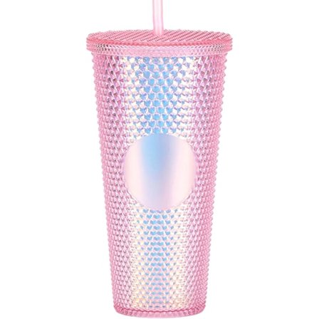 Dubbelväggiga plastglas med nitar, lock och sugrör, BPA-fria, 24 oz, rosa
