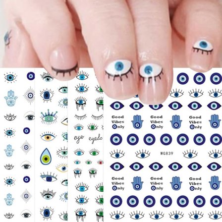 Onde øje neglekunst klistermærker 7 ark selvklæbende tyrkisk blåt øje hånd øje af Fatima tegneserie design manicure tips negledekoration