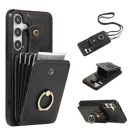 Kompatibel Kompatibel med Samsung Galaxy A56 5G Etui Kortholder Ring Støtteben TPU + PU Læder Telefon Cover med Lang Rem - Perfekt
