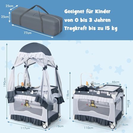 4-i-1 babyrejseseng med baldakin og madras, grå
