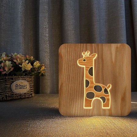 Nattlampe med lyspære for sjiraff, 3D-lampe i tre, kreative trelys, enkle dekorative lys, 3D-treskjæringsmønster, LED-nattlampe for skrivebord