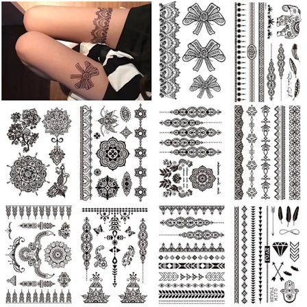 10 Ark Black Midlertidige Tattoo Stickers til Voksne Kvinder Piger Fjer Mandala Blomst Kunst Kroppen Arm Store Tatoveringer Ark Blonder Bryllup 