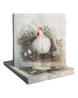 Lunsjserviett med trykt motiv Høne med egg 20-pk Hvit