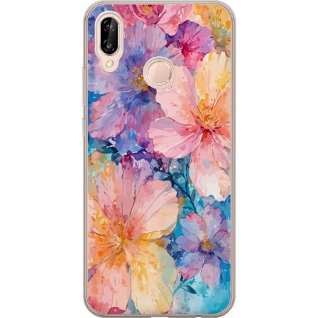 Yhteensopiva Puhelinkuori Huawei Huawei P20 lite Vesivärimaalaus suurilla kukilla vaaleanpunaisissa, sinisissä ja keltaisissa sävyissä pehmeässä