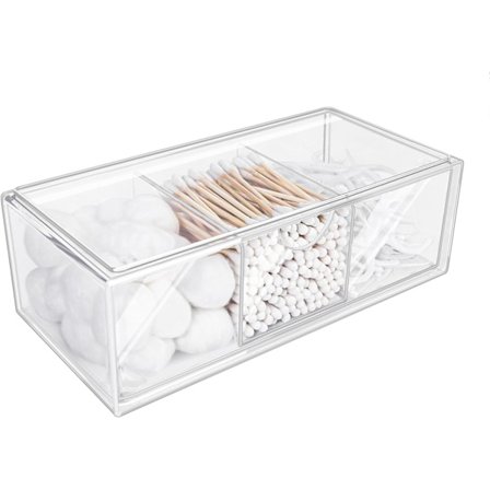 1 st Akryl Bomullspinne Låda 3 Fack, Transparent Bomullspinne Förvaring, Mini Plastlåda Organizer, för Sminkbord, Badrumsförvaring och Organisation
