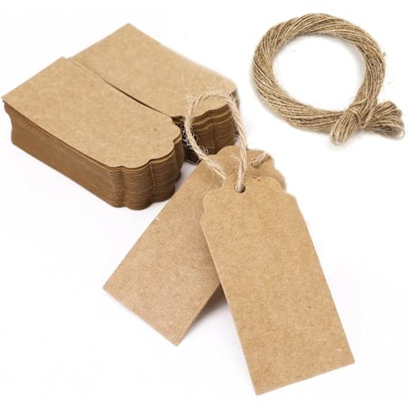 Kraftpapir etiketter, 200 brune etiketter + 200 snor gavemærker, Bl