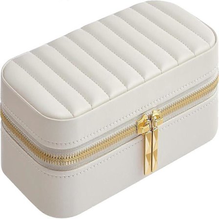 Reisesmykkeskrin, liten smykkeskrinorganisator med speil, 10,5 x 20,5 x 6 cm, PU-overflate med sømmer, bærbar, glidelåser, gaveidé