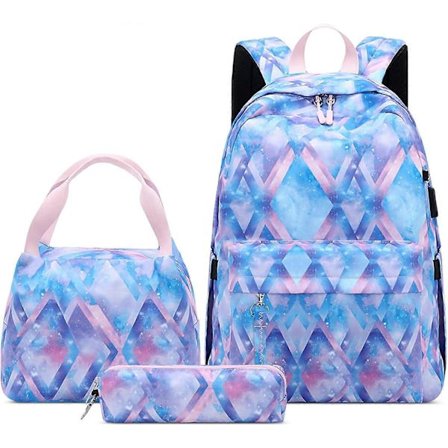 Ryggsekk med USB-port for jenter, barn, ungdomsskole, skolesekk, laptop-ryggsekk 15,6" tommer for tenåringer, reise, camping, matboks + pennal + 3 stk