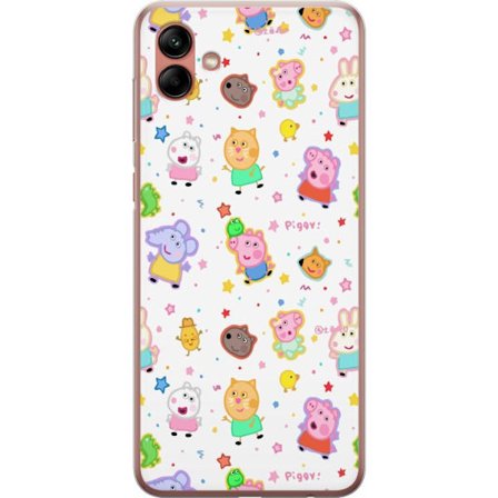 Kompatibelt Mobildeksel til Samsung Galaxy A04 Fargerike tegneserie dyrekarakterer i en leken stil med stjerner og prikker på en lys bakgrunn