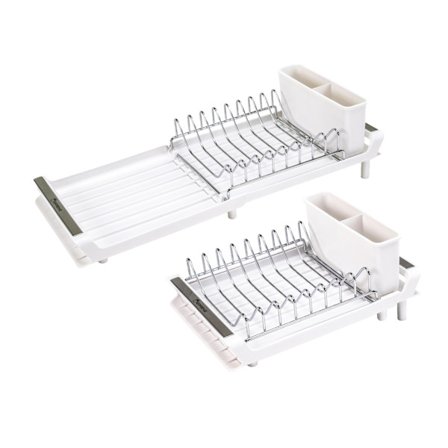 Diskställ, hopfällbart diskställ för kök, diskbänksutlopp, 28 till 47 cm långt, 20 cm brett, vit färg