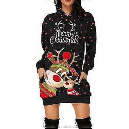 Dame Jule Rensdyr Printet Hætte Pullover Hættetrøje Fest Mini Jumper Kjole (S Sort)