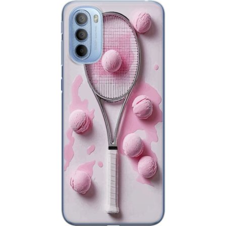 Kompatibel Mobilcover til Motorola Motorola Moto G31 Rosa glaskugler og tennisketsjer i et kreativt stillbillede med legende popfølelse og moderne de