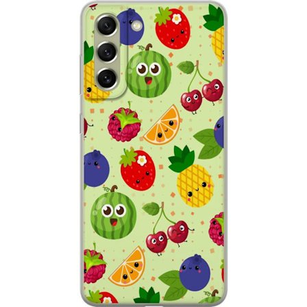 Kompatibelt Mobildeksel til Samsung Samsung Galaxy S21 FE 5G Fargerik frukt miks med ananas, jordbær, melon, kirsebær og blåbær leken design med s