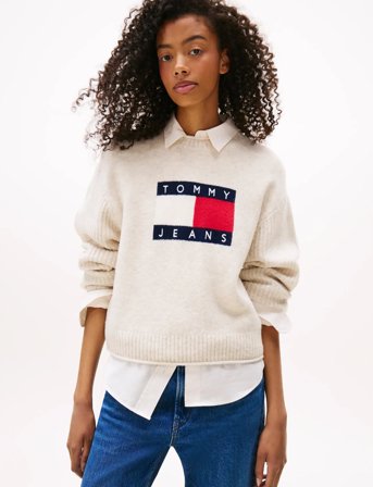 Tommy Jeans Tjw Melange Flag Sweater Rib Ext - Cream - XS