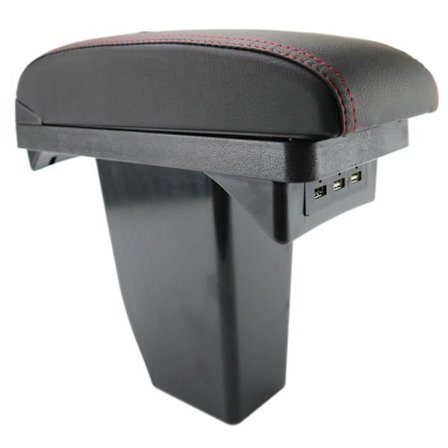 Til Peugeot 2008 Sort Læder Midterkonsol Armlæn med Dobbelt Lag + USB (med rød syning)