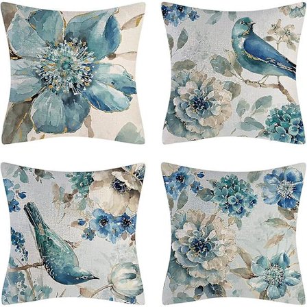 Teal-väriset lintukuosilliset tyynynpäälliset, sinertävänharmaat kukkakuosilliset tyynynpäälliset, Peacock Blue -käsintehty lahja